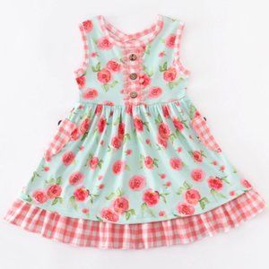 Boutique Girls Green Floral Sleeveless Ruffle Dress